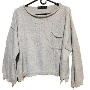 Evelyn Blue Womens Size Med Speckled Knit Sweater Distressed Hem Split Seam blue